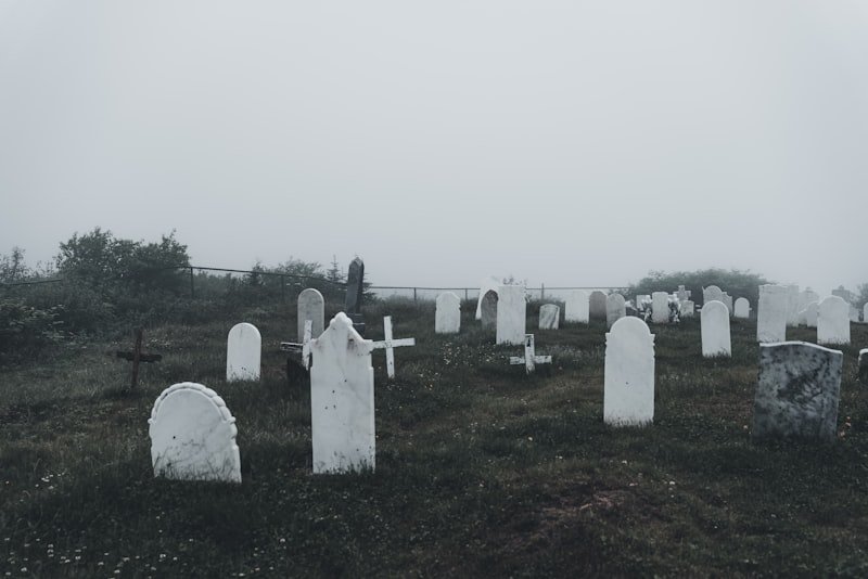 a foggy graveyard with headstones and crosses