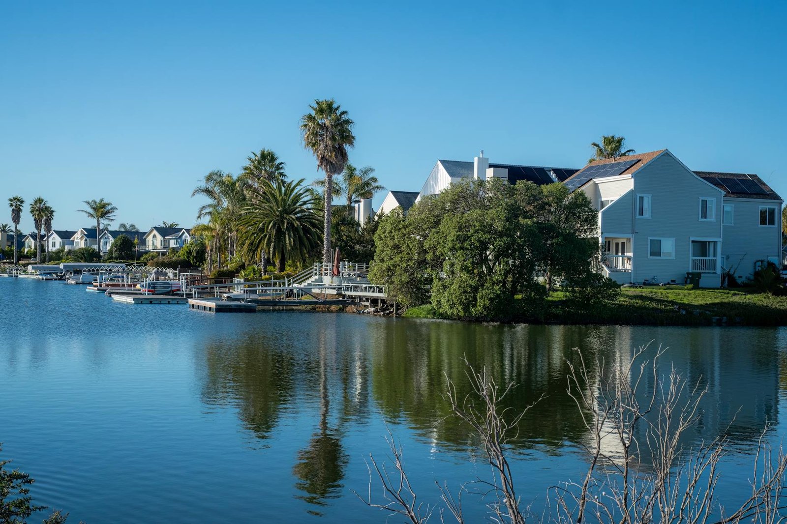 Tranquil view of waterfront homes and palm trees reflecting in canal.