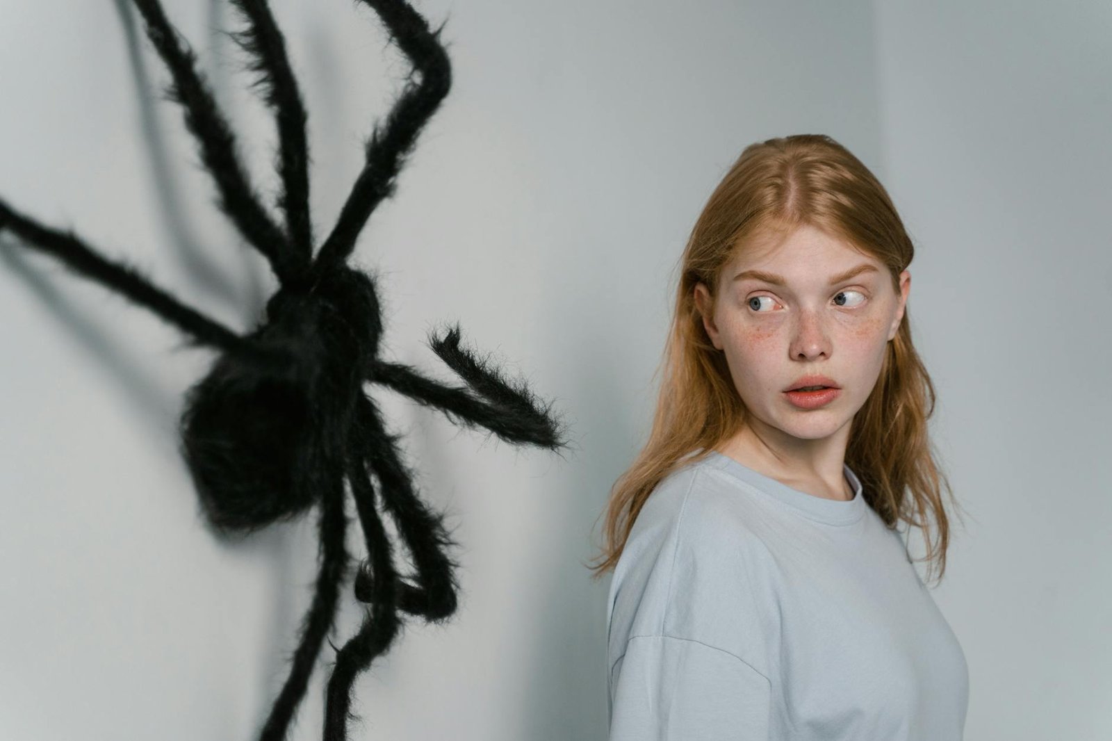 A woman shows fear as she encounters a large wall-mounted spider, highlighting themes of anxiety.