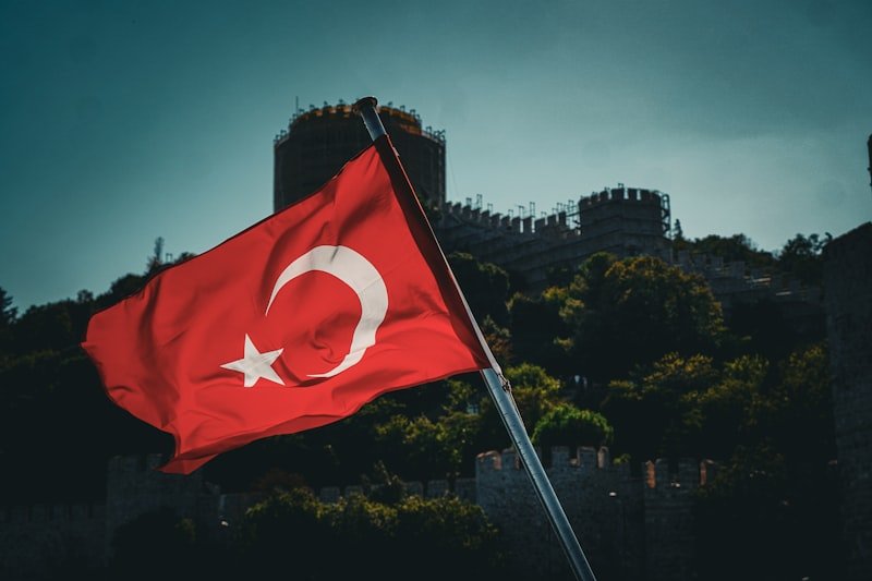 A turkish flag flying in front of a castle