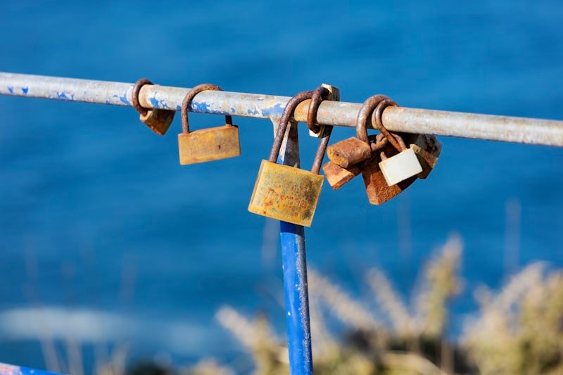 two padlocks attached to a metal rail with water in the background